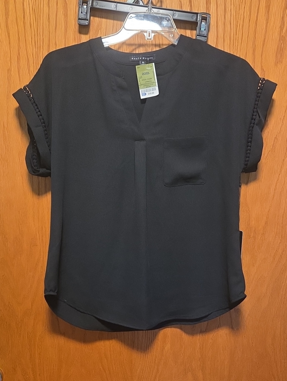 Haute Monde Black Short Sleeve Notch Neck Blouse with Pocket